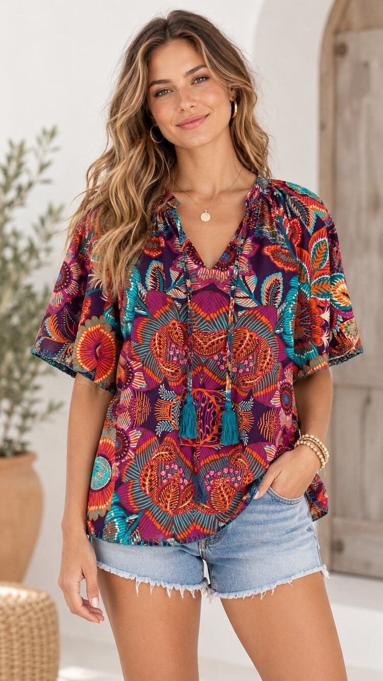 Love Kyla Pietra Blouse Womens Size Small Boho Floral Cotton Tassel Peasant Top